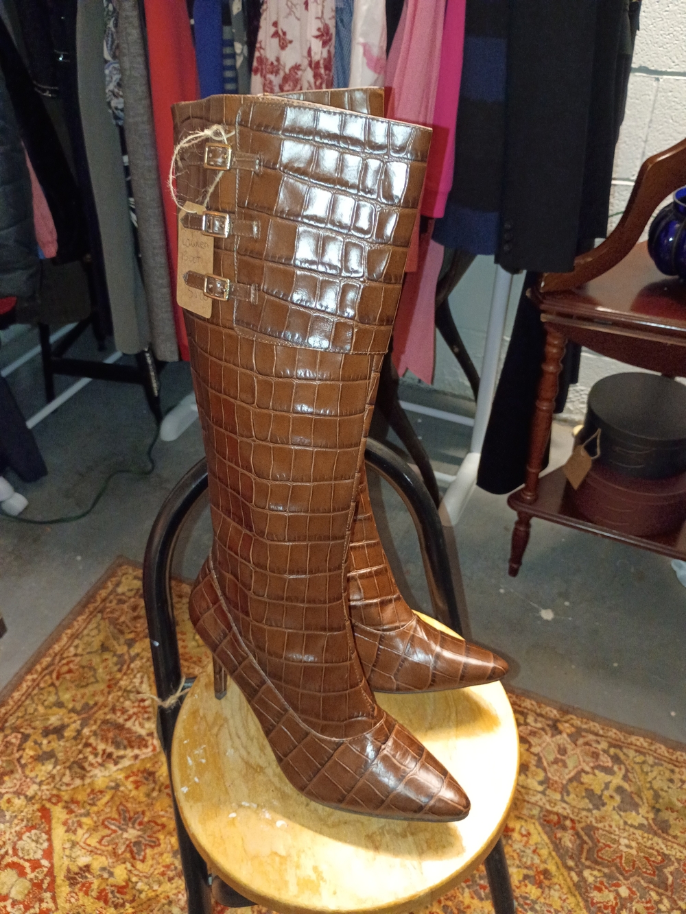 Ralph Lauren Brown Croc-Embossed Knee-High Pointed Toe Boot